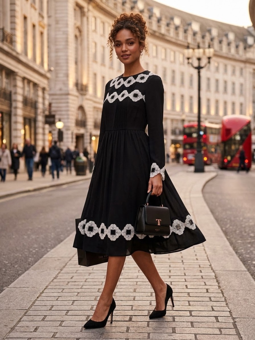 Ted Baker Black Long-Sleeve Midi Dress with White Lace Trim